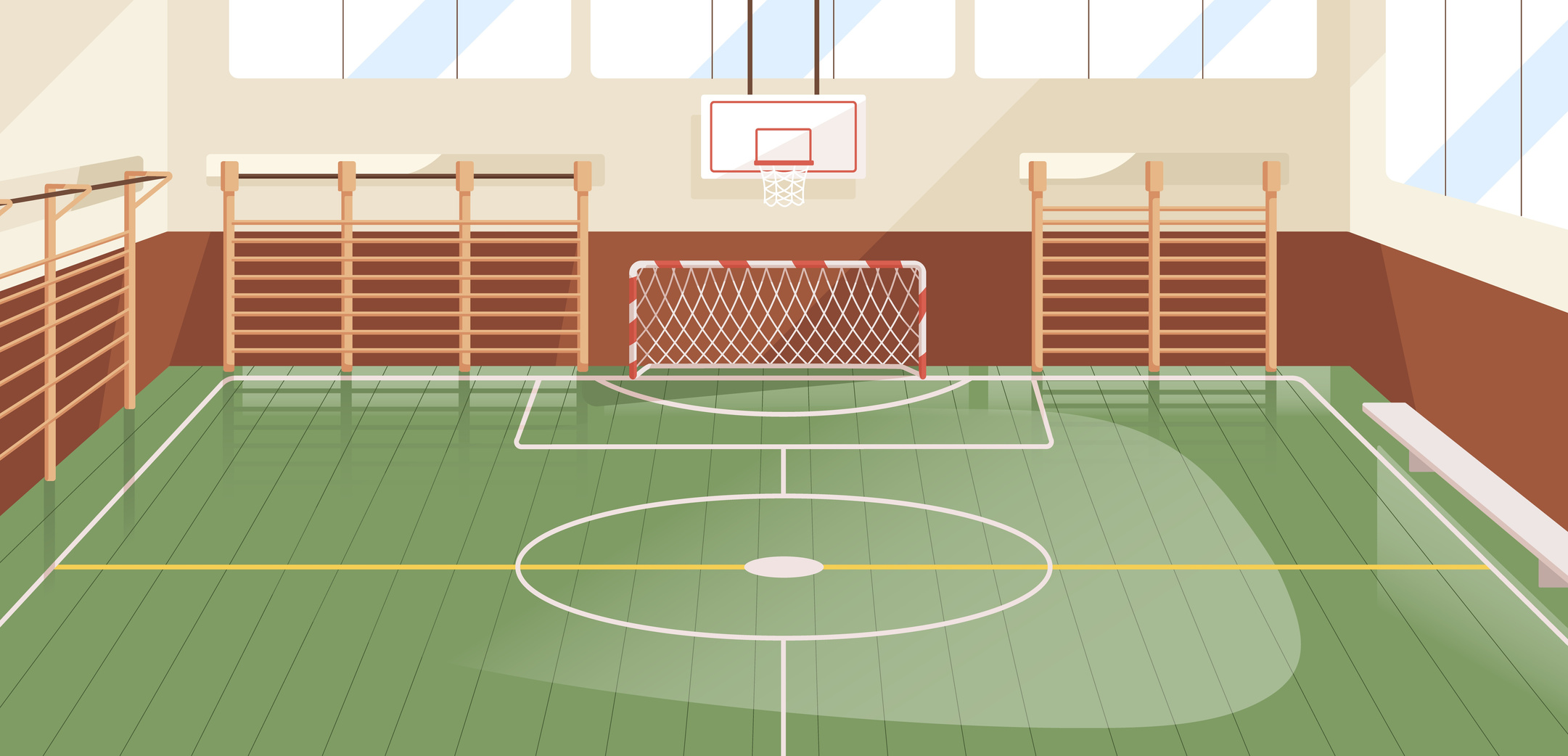 Interior of school gym equipped with basketball hoop, goal and wall bars. Indoor sports hall or court with equipment for playing soccer, football and handball. Colored flat vector illustration