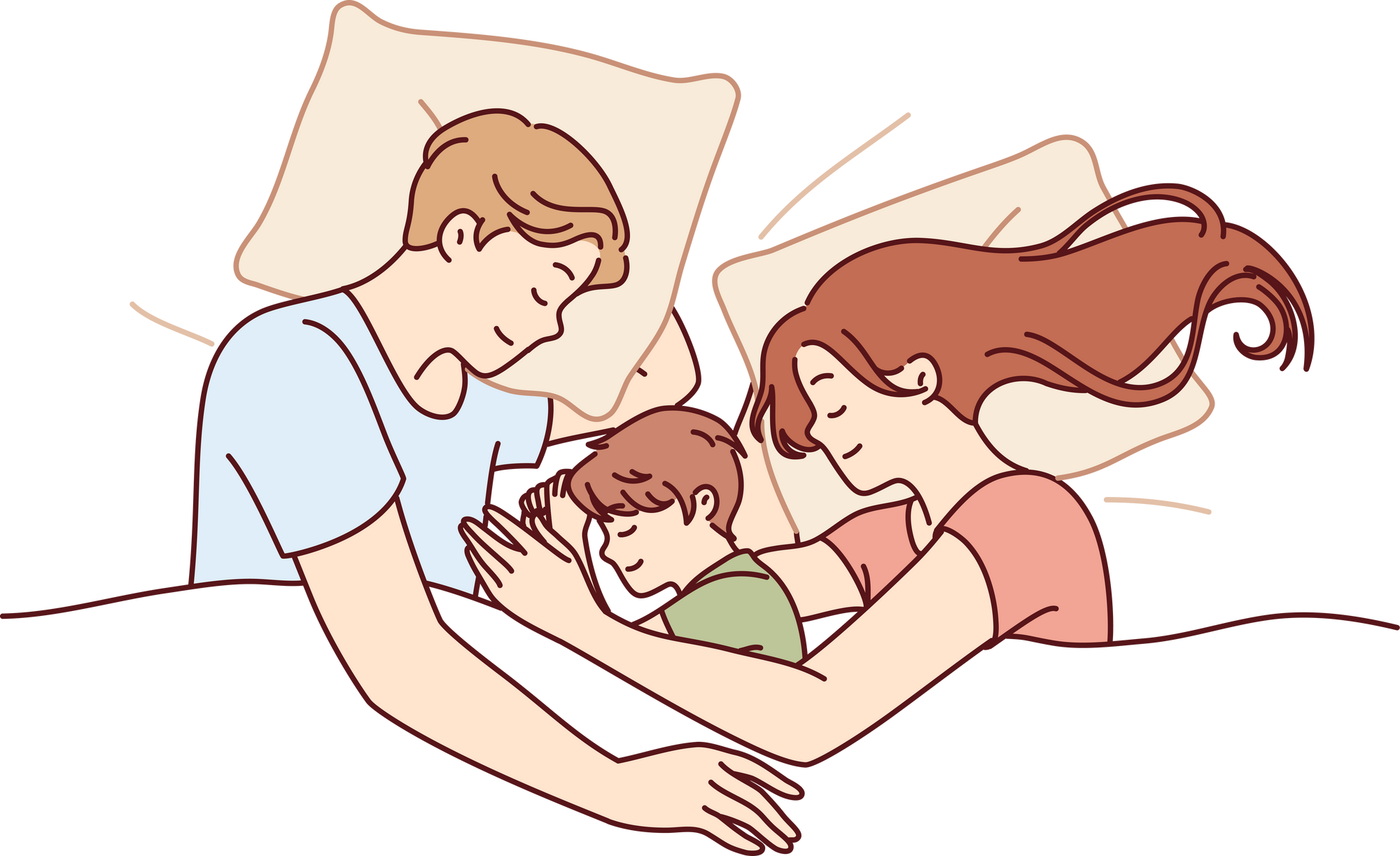 Happy  couple with child sleeps in bed enjoying healthy sleep and restoring strength