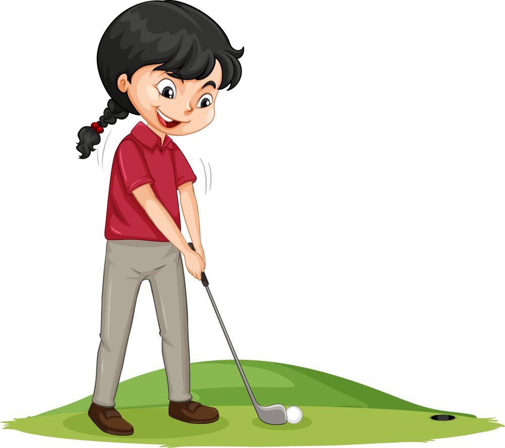 Young golf player cartoon character playing golf