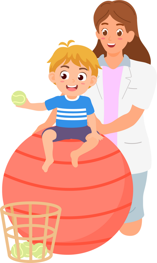 children sit on  ball with occupational therapist or teacher