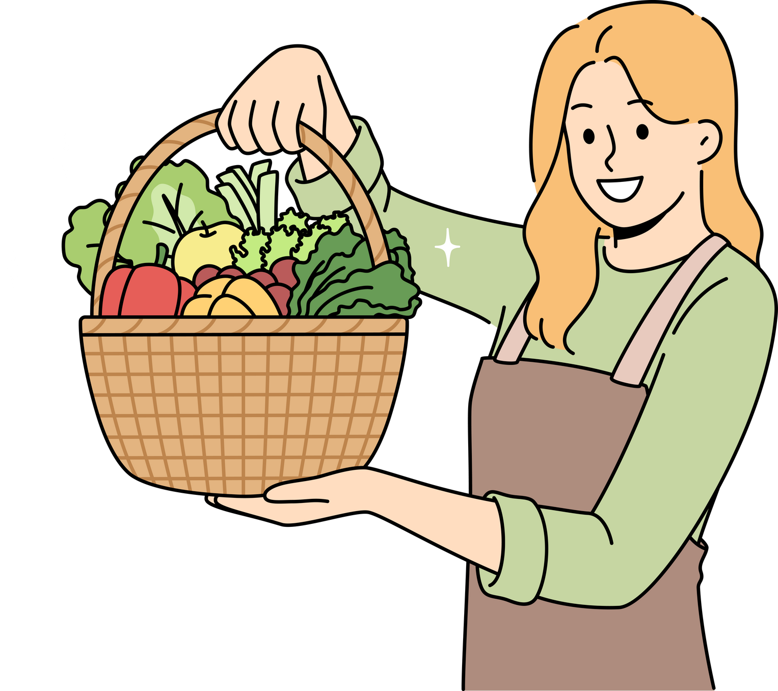 Woman farmer with basket full of vegetables recommends eating natural organic food