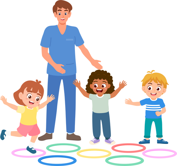 children play jumping game for gross motor movement with occupational therapist or teacher